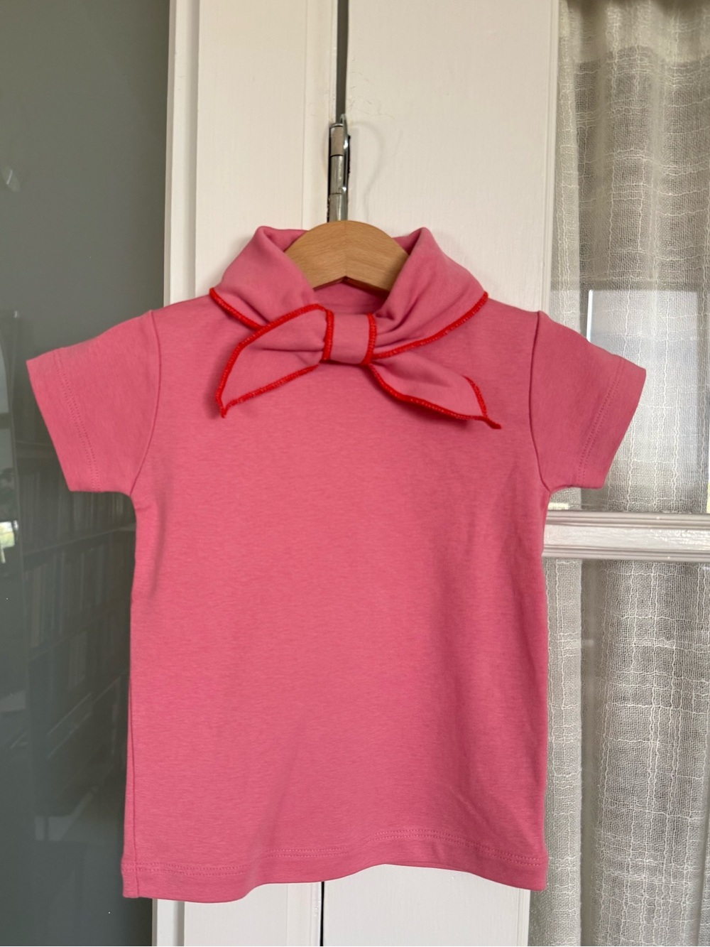 Misha And Puff Pink Short Sleeve Top with Red-Trim Bow Collar